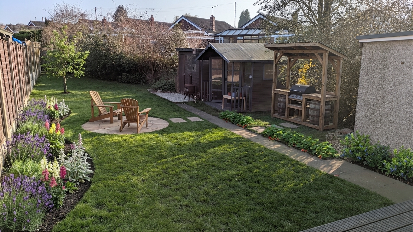 Back garden after the redesign, showing a seating circle, layered planting, and a more intentional layout
