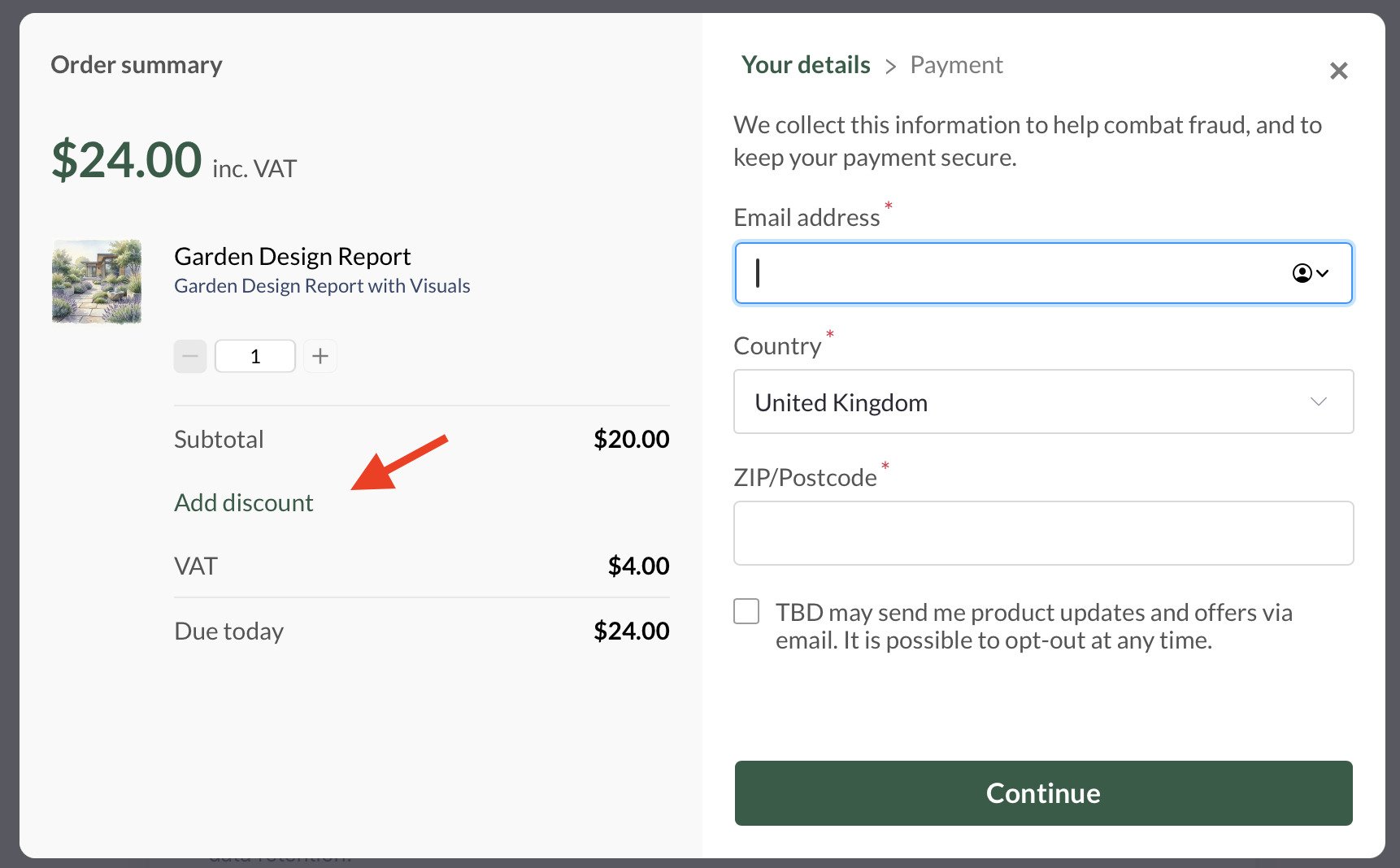 Paddle checkout discount code field showing where to enter spring2026