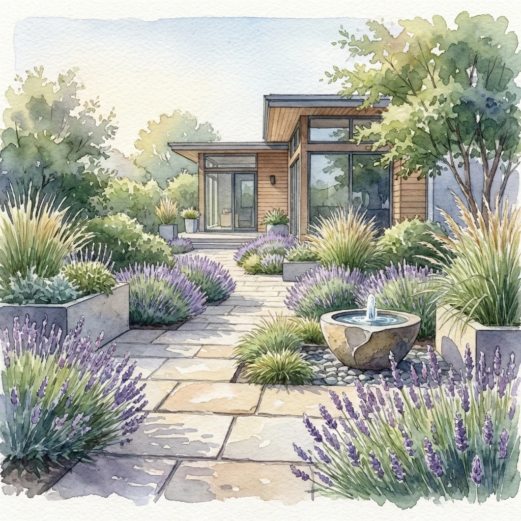 Watercolor-style sample garden concept showing a completed homeowner garden design